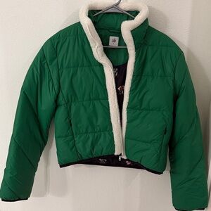 CAbi Green Puffer Jacket with Cream Trim